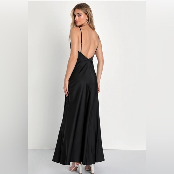 Lulu’s Black Satin Asymmetrical Maxi Dress - Picture 4 of 6